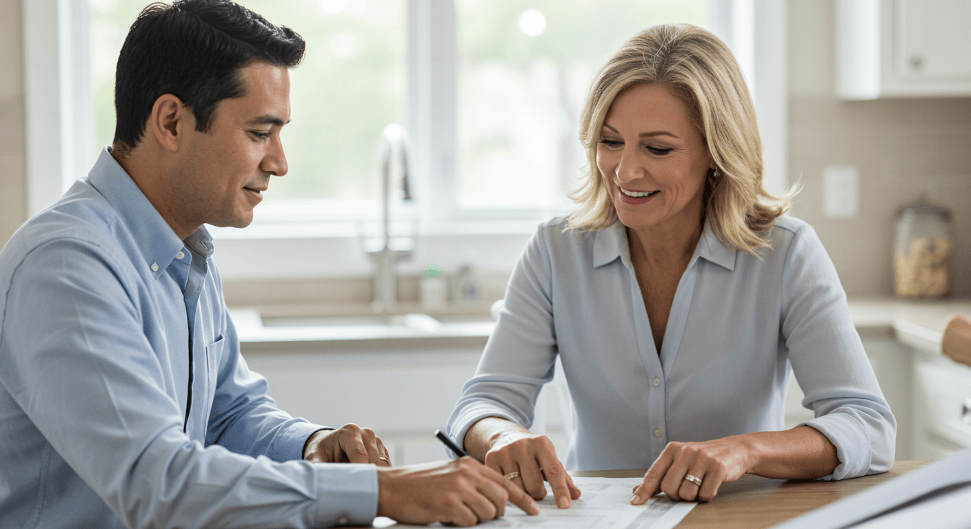 Homeowner reviewing contractor quotes at kitchen table