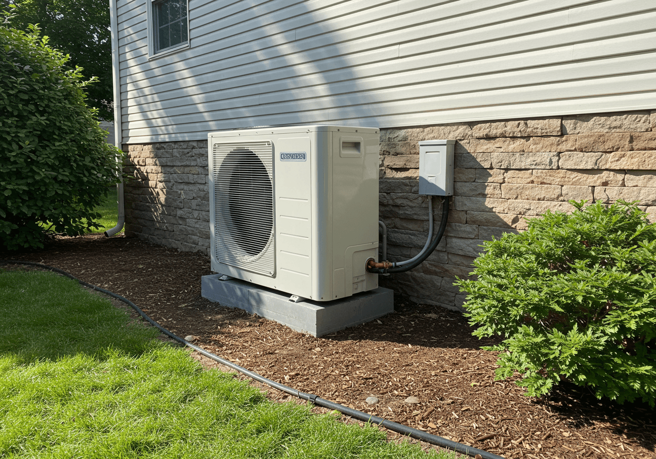 Modern heat pump outdoor unit installed next to home