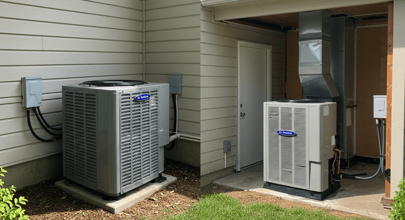 Residential HVAC system showing outdoor condenser and indoor air handler