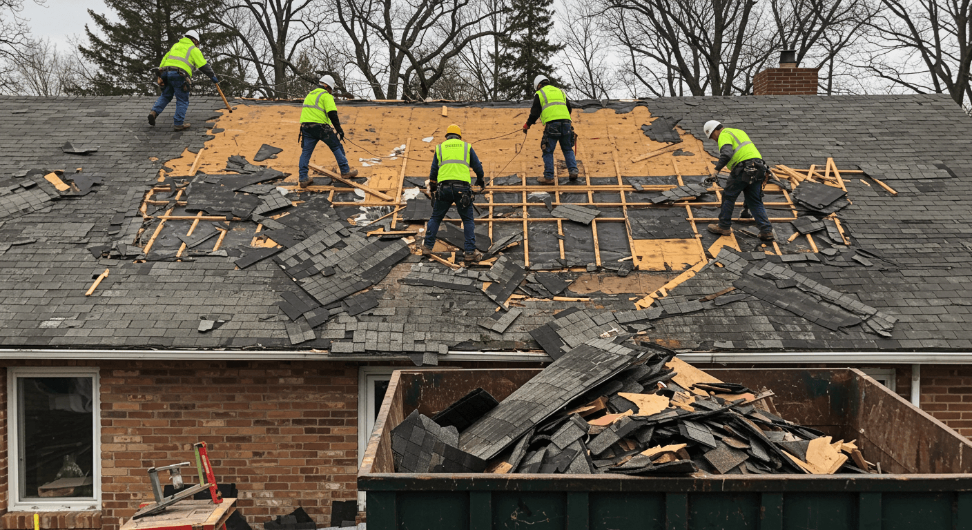 Roof tear-off in progress with workers removing old shingles